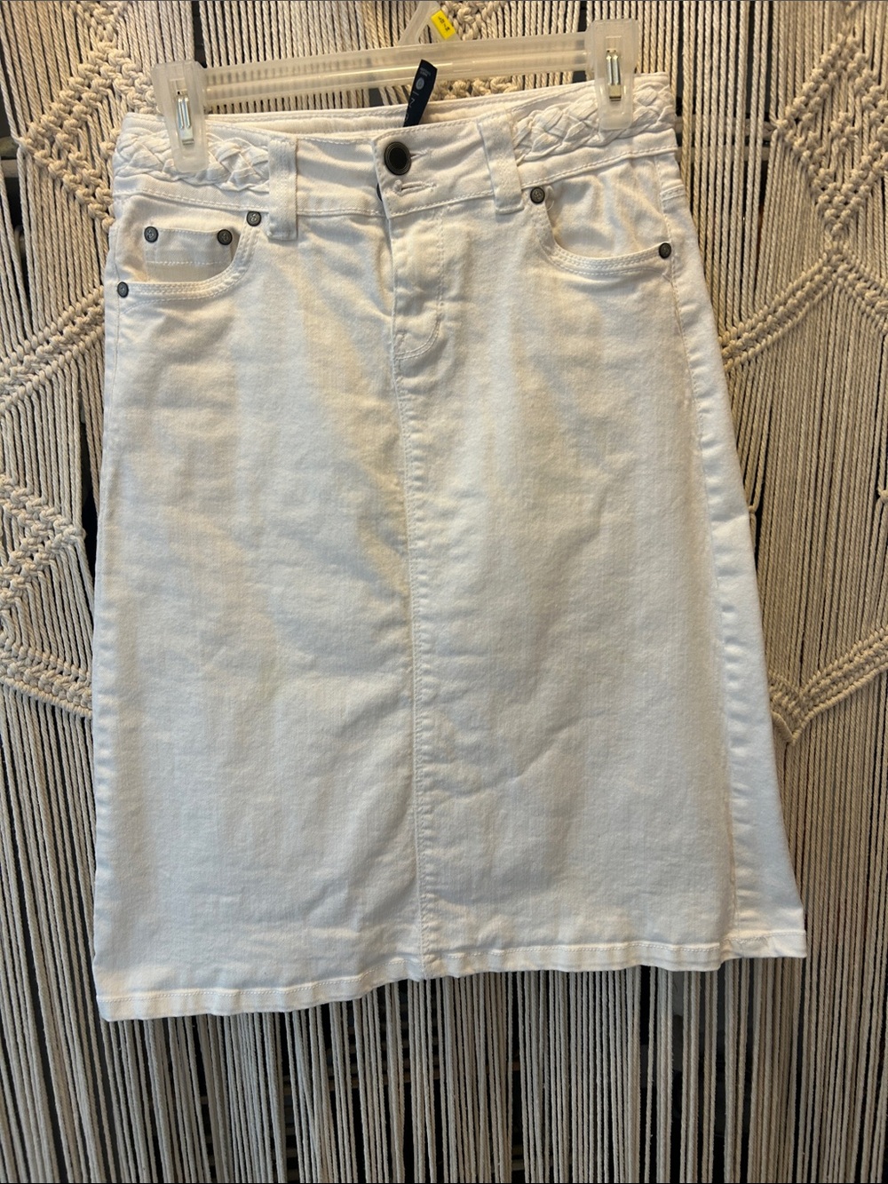 White Midi Denim Skirt with Braided Waist Detail